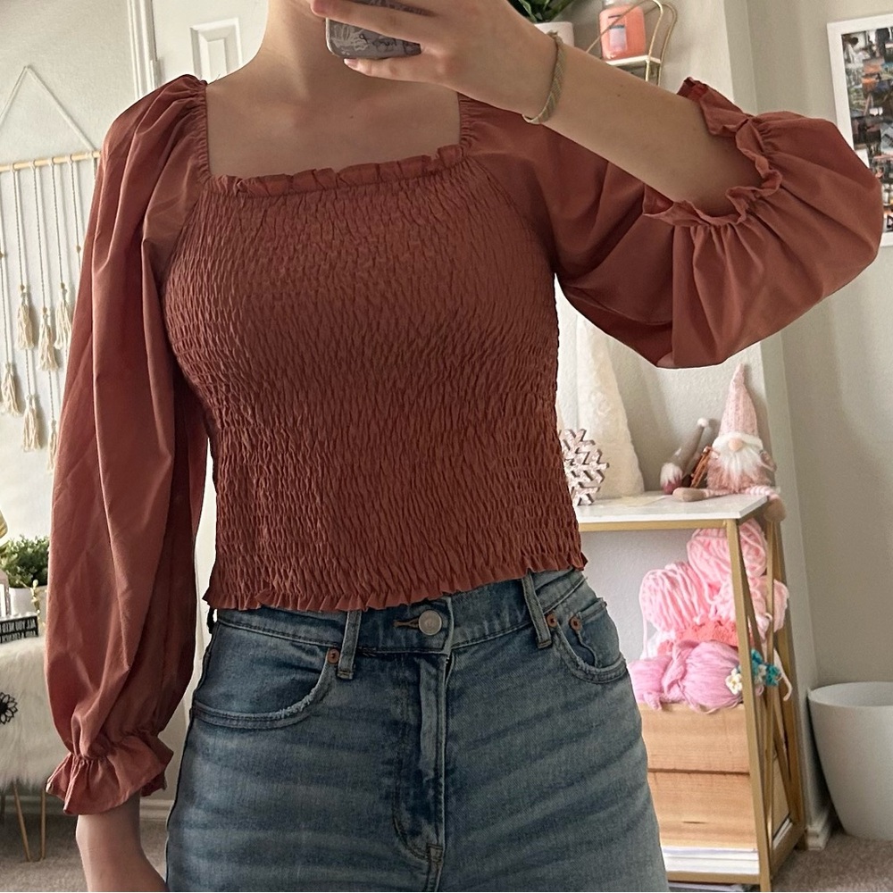 Women's Smocked Rust Top Size M With Square Neck and Poof Sleeves from Papermoon